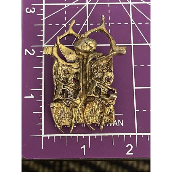 Vintage Modernist Israel Designer Igael Tumarkin Brutalist Gold Wash Tone Brooch - Picture 10 of 10